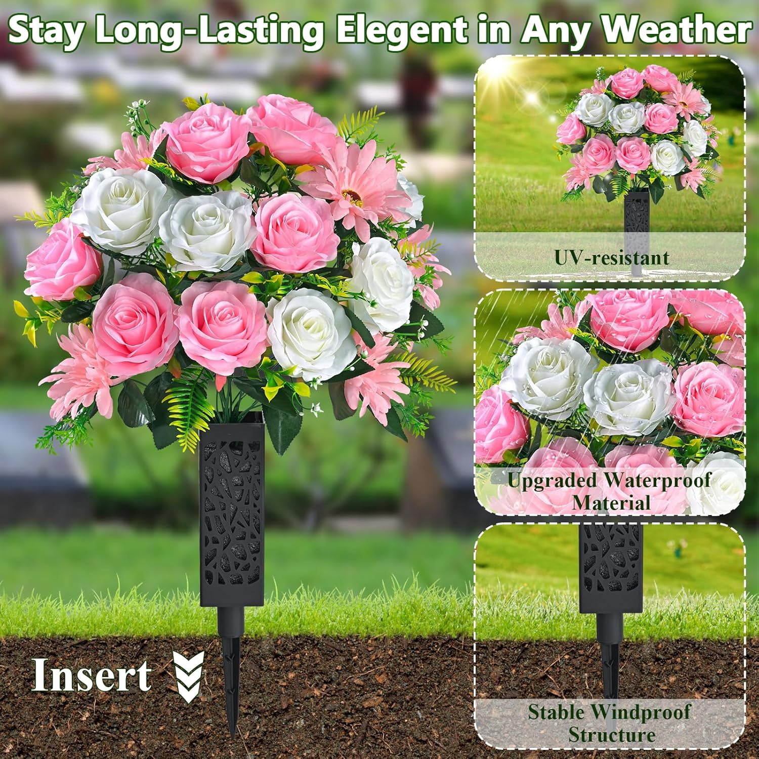 Lyacmy Set of 2 Artificial Cemetery Flowers with Vase, Memorial Day Flowers for Cemetery Outdoor Grave Headstones Decorations, White Pink