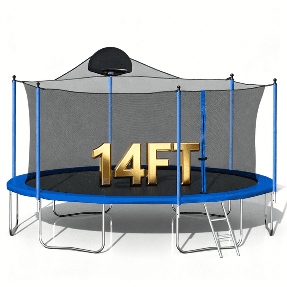 Biotree 14 FT Trampoline for Kids and Adults, Outdoor Trampoline with Basketball Hoop & Safety Enclosure Net,Large Load Capacity Heavy-Duty Jumping Trampoline for Boys and Girls
