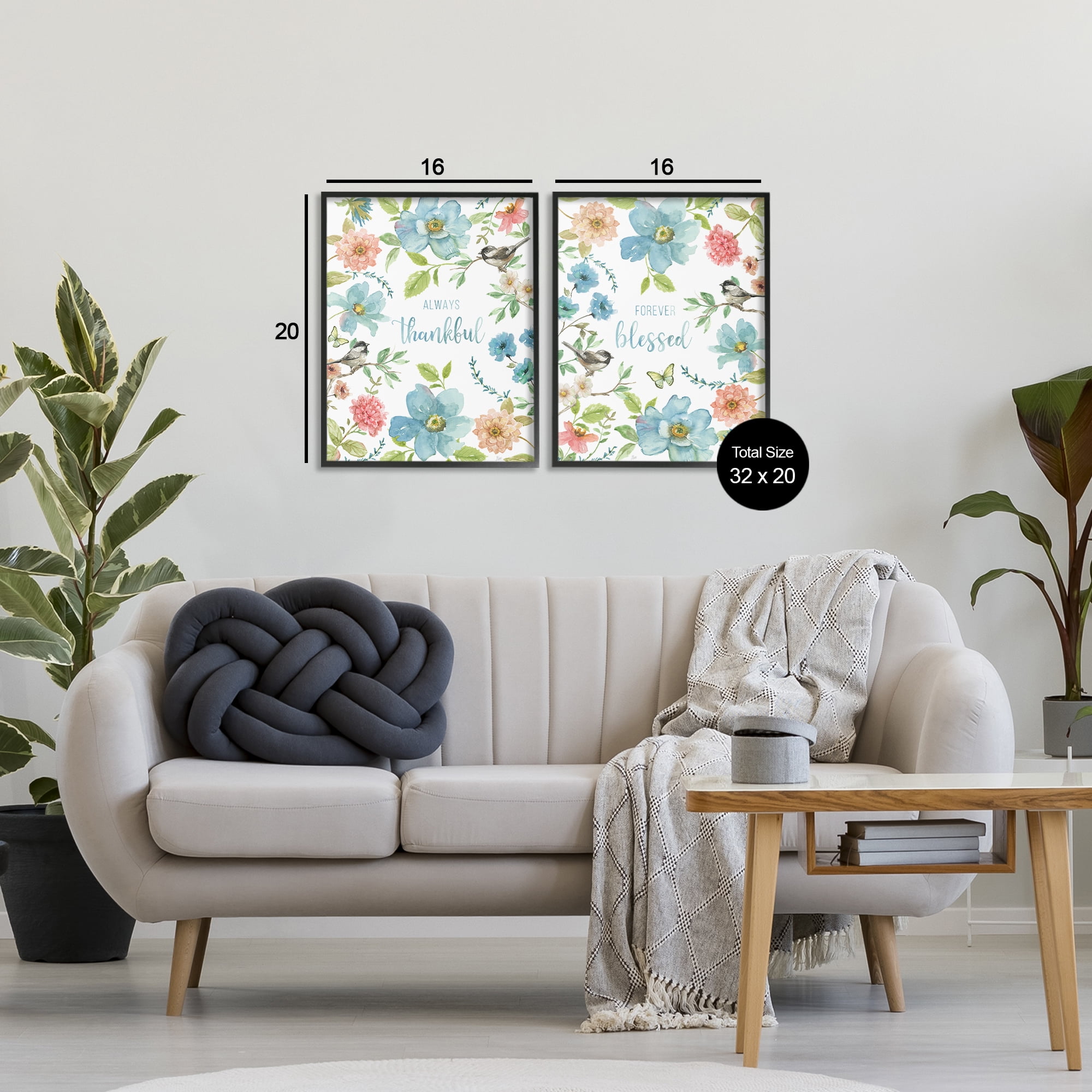 Stupell Industries Pink & Blue Gratitude Blooms 2 Piece Black Framed Giclee Art Set, design by Nan