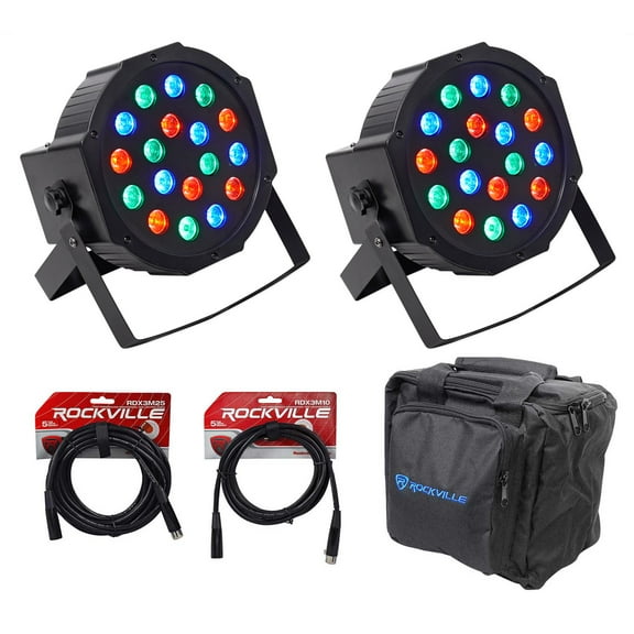 (2) Rockville FHB-118 LED RGB DMX LED PAR Can Wash Lights (2) Cables Carry Bag