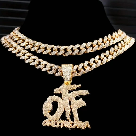 HIP HOP Bling Iced Out OTF Letter Pendant Cuban Necklace for Women Men Shiny Rhinestone Zircon Necklace Rappers Jewelry