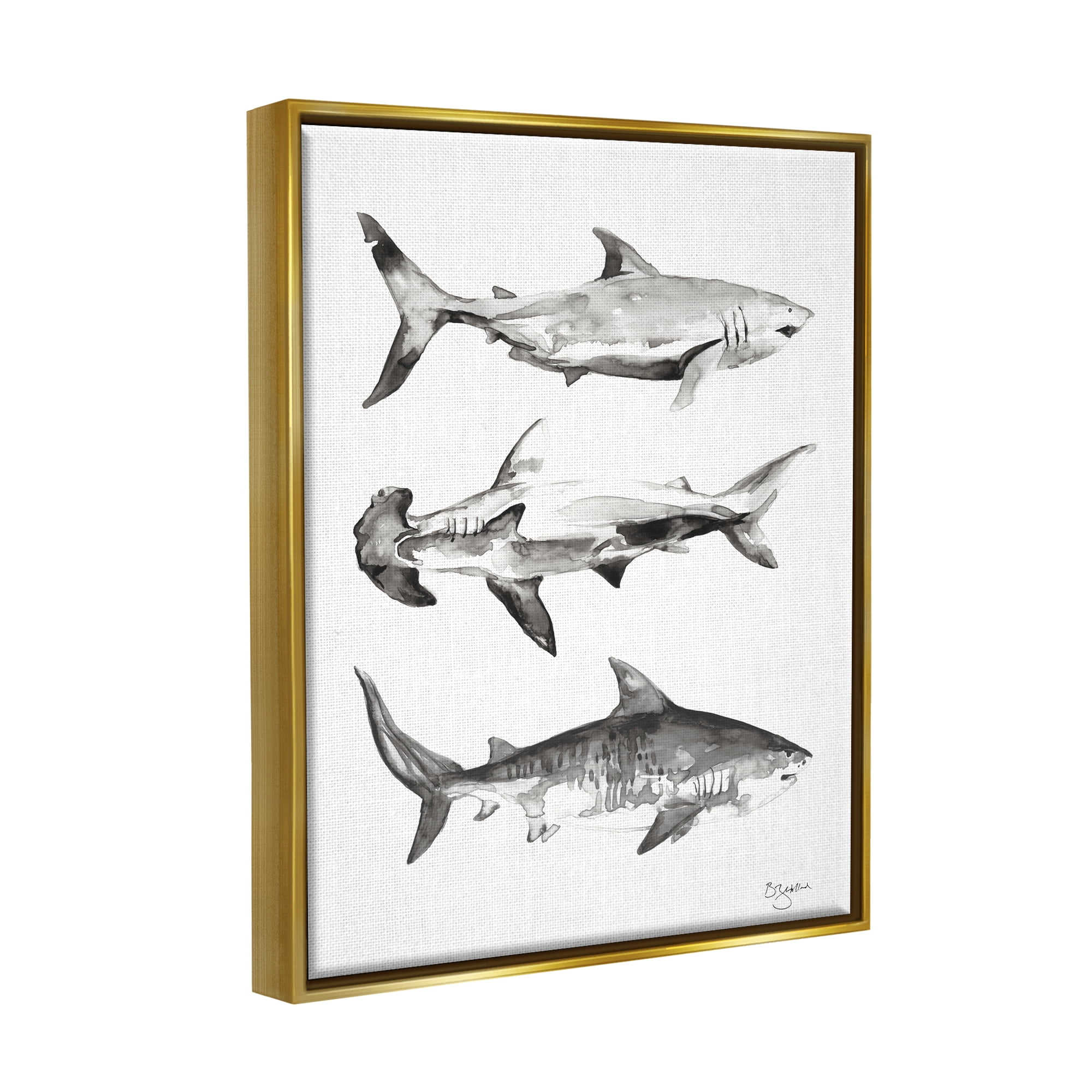 Stupell Industries Nautical Shark Trio Animals & Insects Painting Gold Floater Framed Art Print Wall Art, 17 x 21