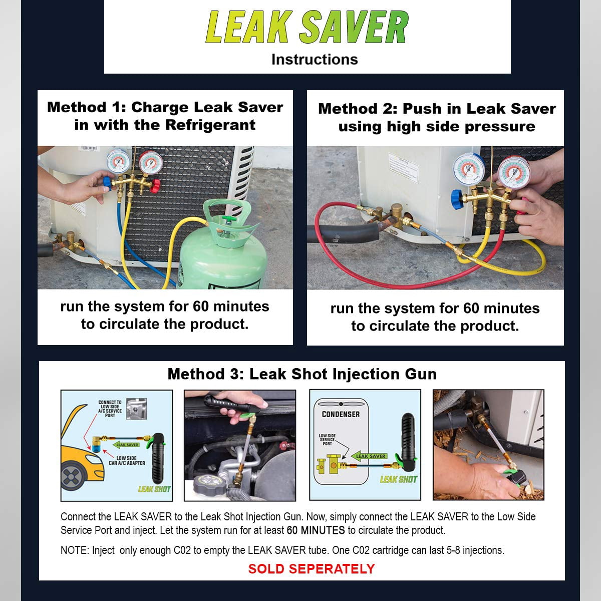 Leak Saver Direct Inject UV - Refrigerant Leak Sealer with Added UV Dye to Detect Large Leaks - for AC, Refrigeration, and Automotive Systems Up to 5 Tons - Compatible with All Refrigerants - 3 Packs