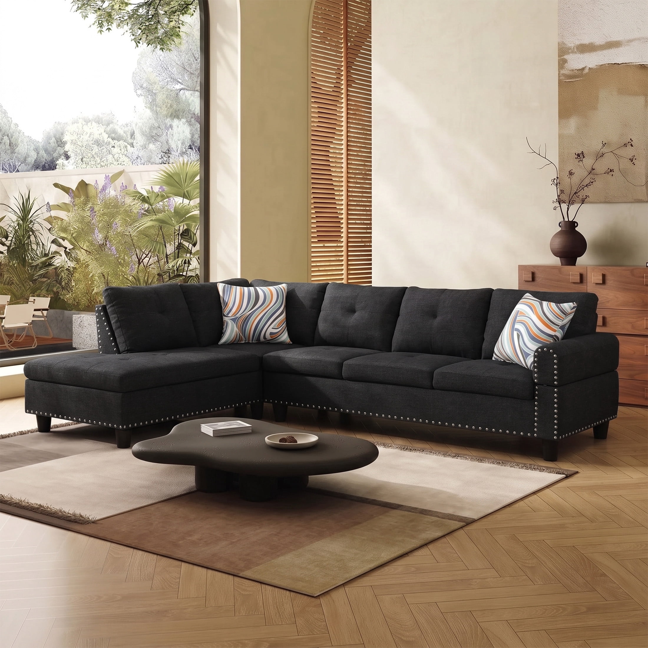 AENKYO 98" L-Shaped Sectional Sofa with Reversible Chaise and Cup Holders, Linen, Black Gray