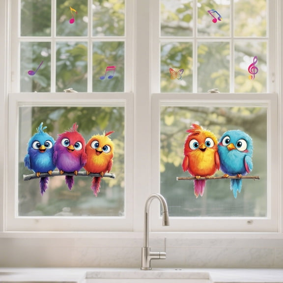 Window Static Cling Decal Sticker Double-Sided Large Glass Car Windows 1 Sheet Crazy Birds with Musical Notes 47.2"x11.8" Waterproof