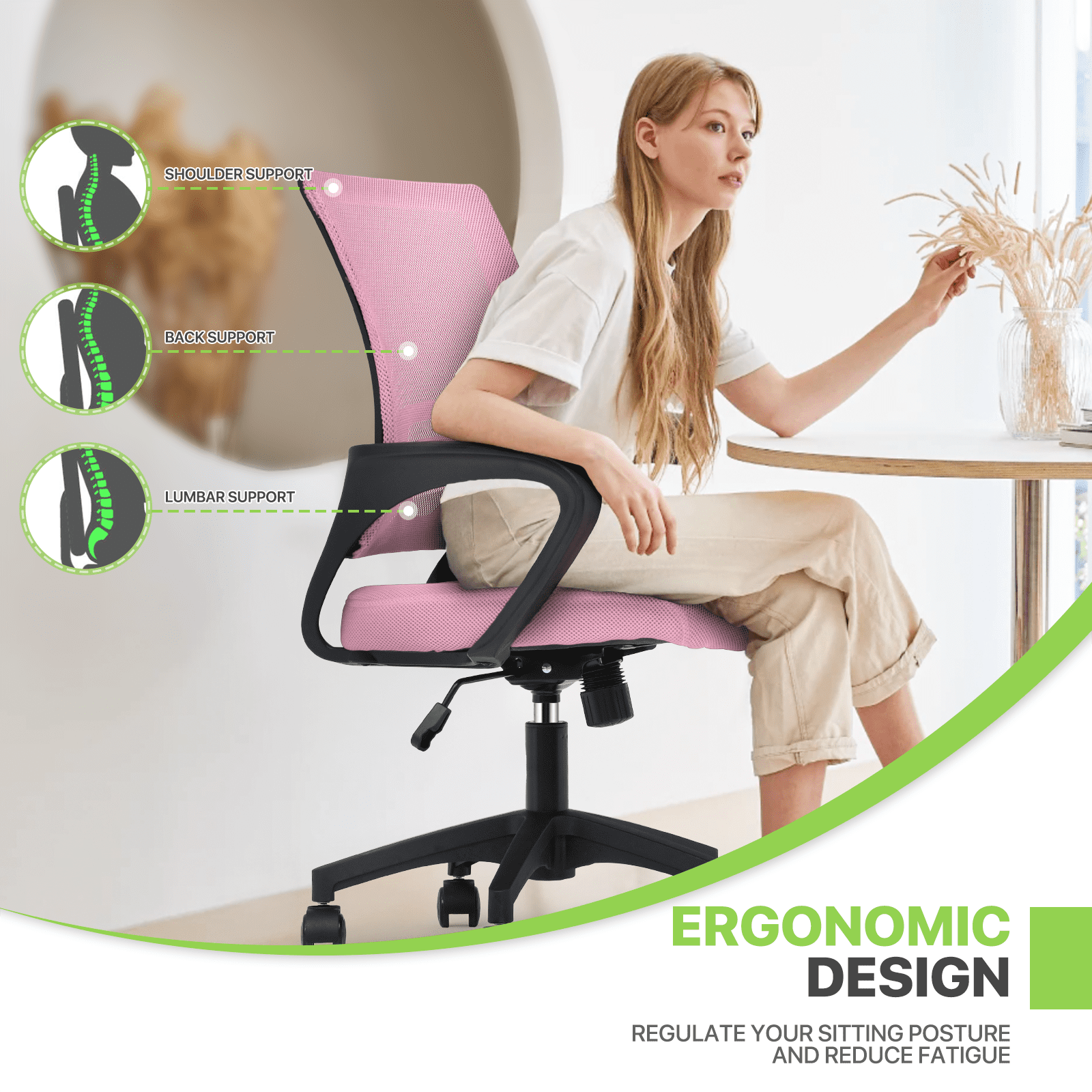 Magshion Set of 2 Office Chairs Mid Back Swivel Desk Chairs, Height Adjustable Ergonomic Mesh Computer Chairs with Armrest & Lumbar Support, Pink