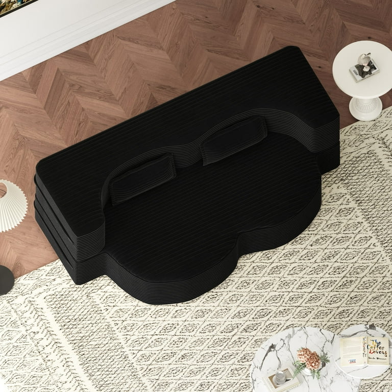 Firscook Full Size Folding Sofa Bed with 2 Pillows, 15" Convertible Corduroy Sleeper Couch, Foam-Filled Foldable Mattress, No Assembly,Black