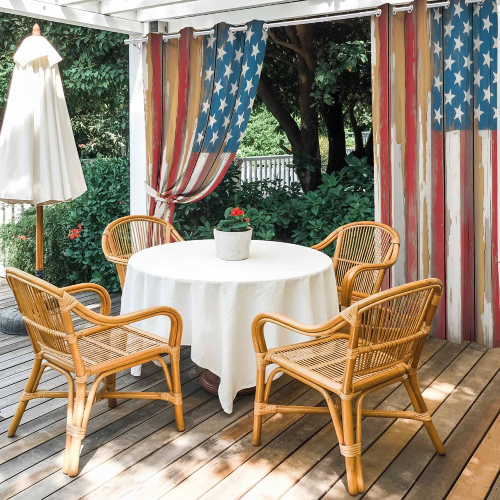 Independence Day Outdoor Curtains for Patio, American Flag Star Retro Red Wood Striped Sunshade Privacy Drapes Grommet Waterproof Outside Curtains for Porch/Cabana/Balcony 54"x 108", 1 Panel