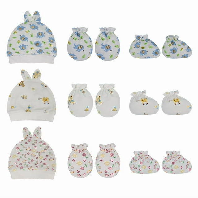 Conjunto de 3 gorros y manoplas antiarañazos (0-6 meses), gorros y manoplas protectoras para recién nacidos, gorros y manoplas con velcro a juego para proteger al bebé.
