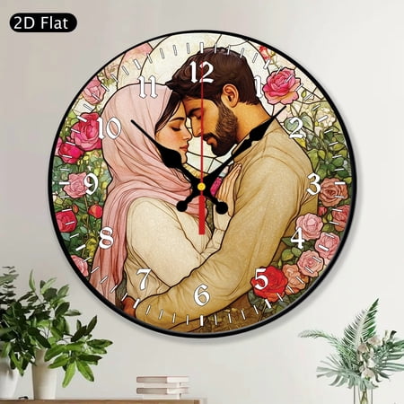 Custom Islamic Couple Photo Portrait MDF Wooden Round Wall Clock, Personalized Muslim Wedding Gift, Transform Your Photo Into Art, Muslim Couple Valentine Anniversary Home Decor