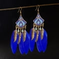 thumbnail image 5 of Long Feather Dangle Drop Statement Earrings for Women Gold-Toned Bohemian Enamel Fan Shaped Leaf Turquoise Beads Fringe Tassel Dangling Studs Earring Lightweight Fish Hook Vintage Ethnic Jewelry, 5 of 6
