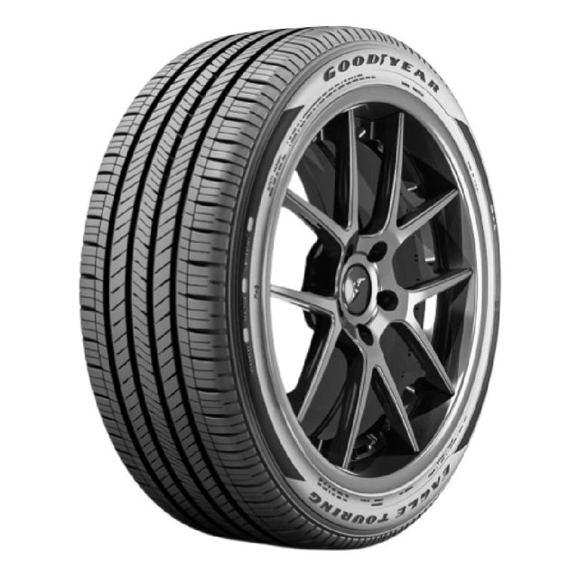 llanta 225/55r19 goodyear Llanta 225/55R19 Goodyear Eagle Touring 99V, vista 3/4 frontal de neumático negro montado en rin, banda de rodamiento asimétrica con cuatro canales longitudinales y tacos rectangulares, pared lateral con logo Goodyear y nombre Eagle Touring visibles.