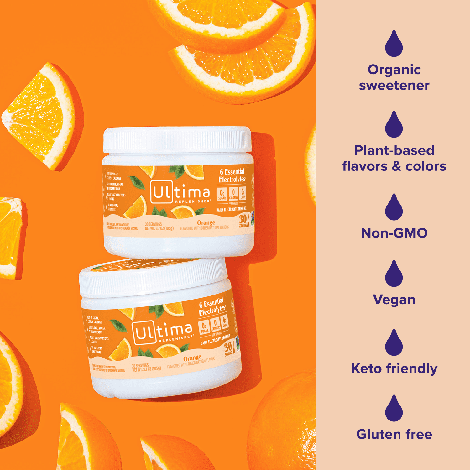 Ultima Replenisher Hydration Electrolyte Powder Drink Mix, Keto, Sugar-Free Orange, 30 Servings