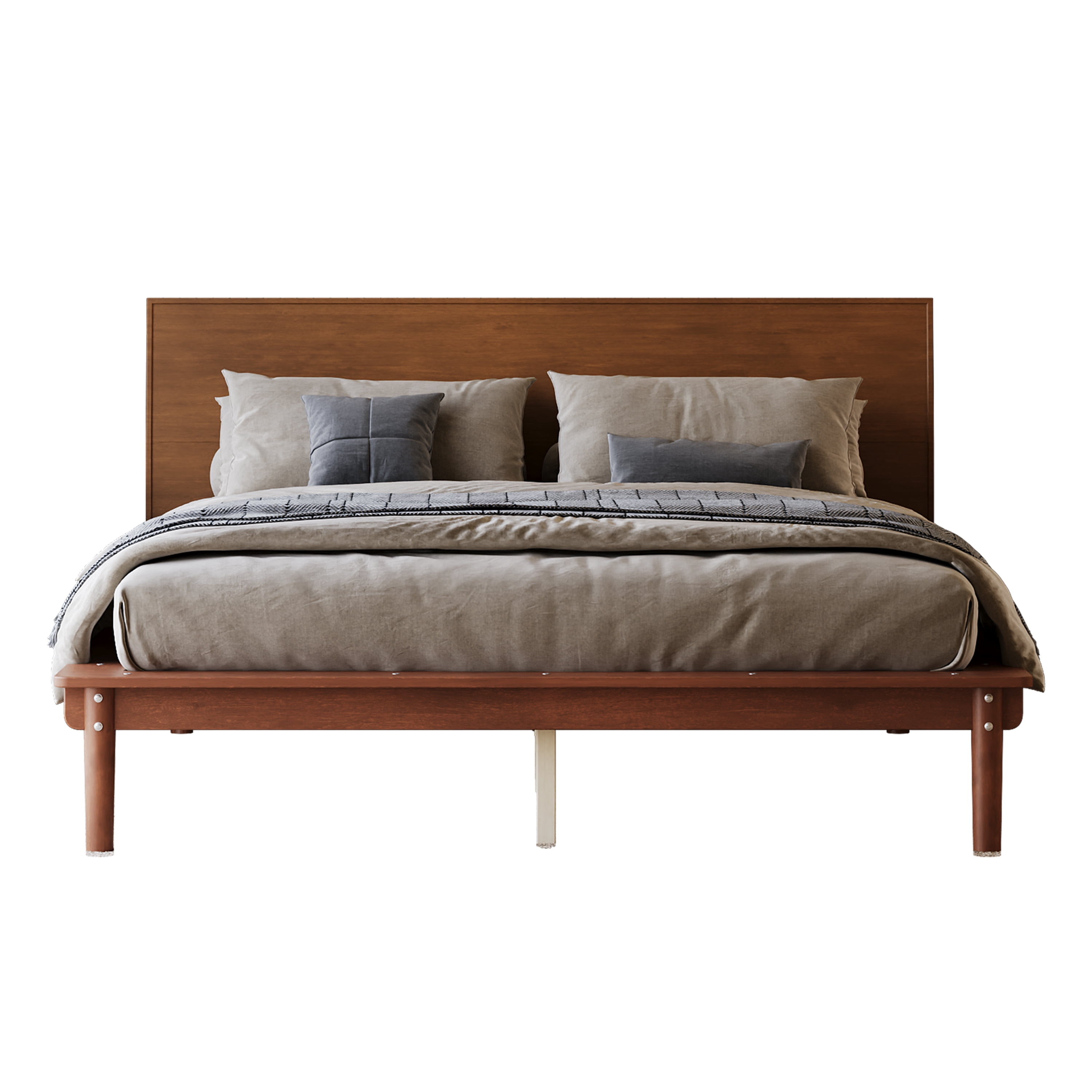 Euroco Wood Mid-Century Queen Bed, Low Profile Platform Bed Frame with Subtly Angled Headboard, Widened Side Rails, No Box Spring Needed, Walnut