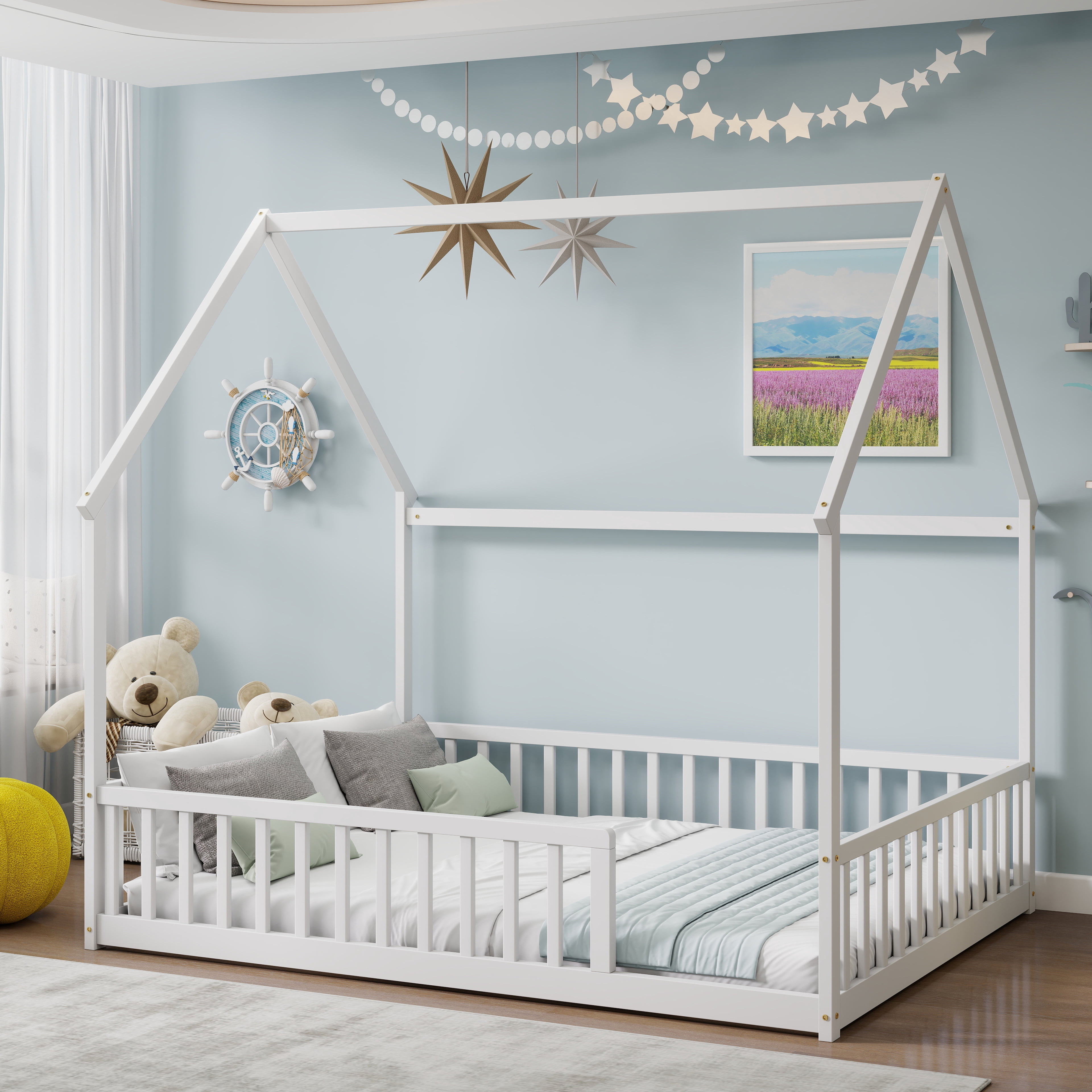 Full Size House Floor Bed with Full Surround Safety Fence, Solid Pine Wood Montessori Kids Playhouse Bed Frame Max 300 LBS No Box Spring Needed for Toddler Bedroom Nursery