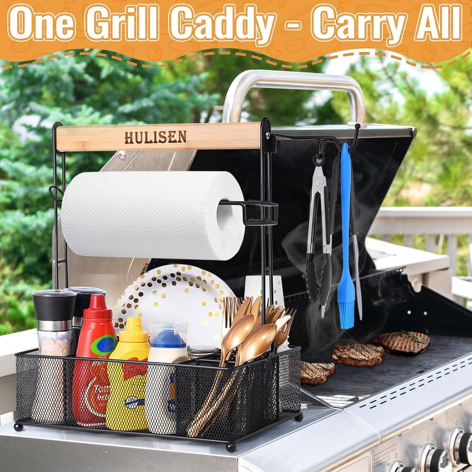 Picnic basket for Outdoor Grill, Grill Caddy with Paper Towel Holder, Camping accessories