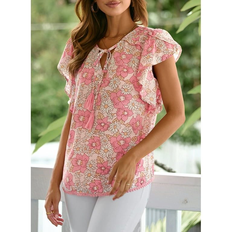 EVALESS Boho Tops for Women Casual V Neck Ruffles Short Sleeve Chiffon Blouse Shirts Pink S Walmart