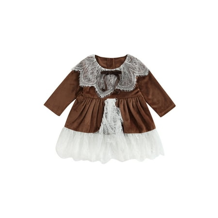 

CenturyX 1-7Y Kids Girls Princess Dress Long Sleeve Velvet Spliced Lace Tutu Dress Party Dresses Autumn Winter Clothes Coffee 3-4 Years