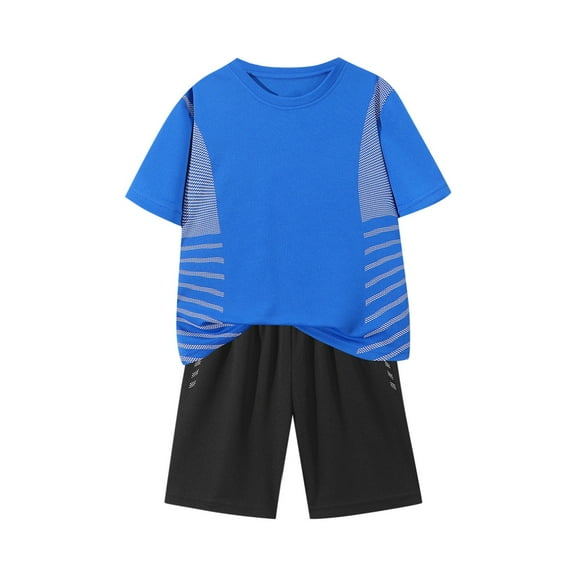 ZACPNCV Boys Athletic Short Sets with Pockets Quick Dry Lightweight Heather Summer Outfits Performance Sports School Sets Blue 13-14 Years