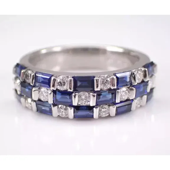 2Ct Baguette Cut Simulated Blue Sapphire Women's Band Ring 14K White Gold Plated Silver