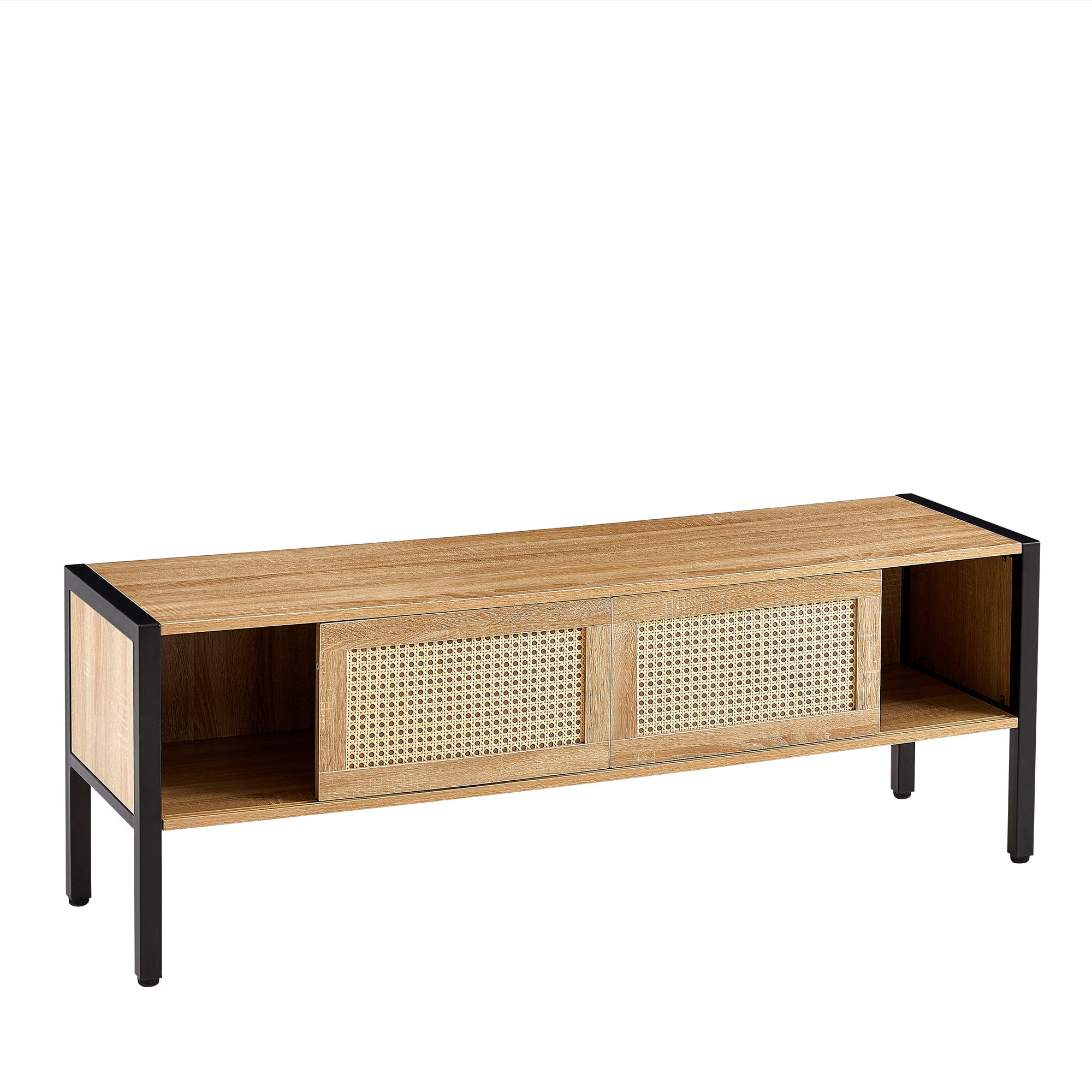 MAYEERTY 54.33" Rattan TV Cabinet with Adjustable Shelf, Variable Color Light Strip, and Metal Legs, Natural