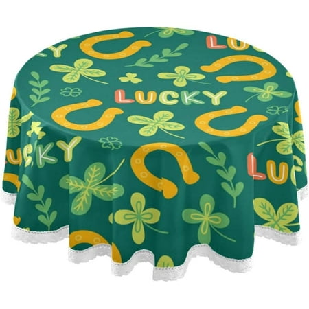 

Hyjoy St.Patrick s Day Round Tablecloth Irish Lucky Day Shamrock Clover Leaves Gold Horseshoes Round Table Cloth Water Resistant Spill Proof Large Table Cover for Family Gathering Dinner Hotel BBQ 6