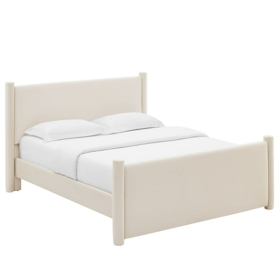 Platform Bed Frame, King, Ivory White, Velvet, Hotel Bedroom, Modern Contemporary, HB38149
