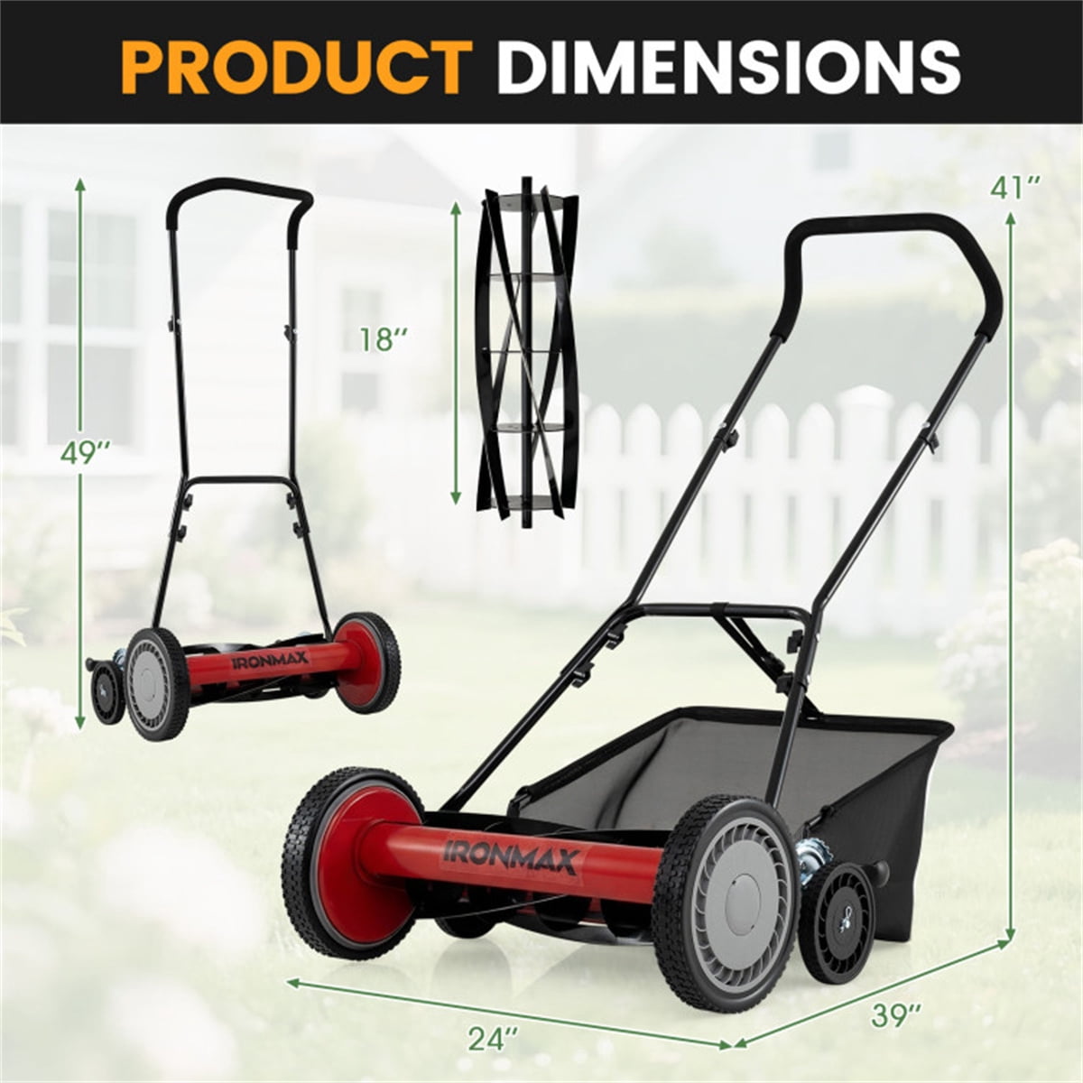 18-Inch 5-Blade Push Reel Lawn Mower with Grass Catcher Red & Black Manual Walk-Behind Mower 4-Level Height Adjustment (1.06"-2") for Small to Medium Yards