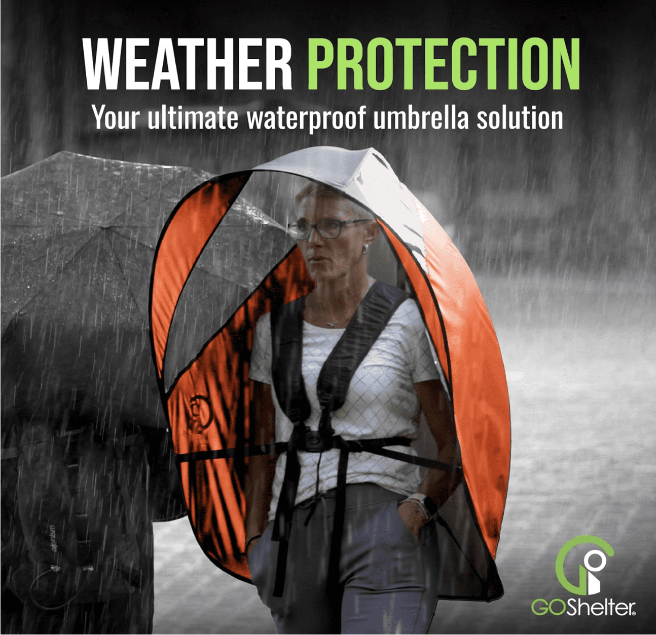 GOSHELTER Self Shelter Canopy, Hands Free Umbrella, Photographers, Outdoor Activities, Sporting Events, Rain or Sun Shade - Maximum Elbow Room, UV Resistance, Include Sling Pouch, Waterproof - Orange