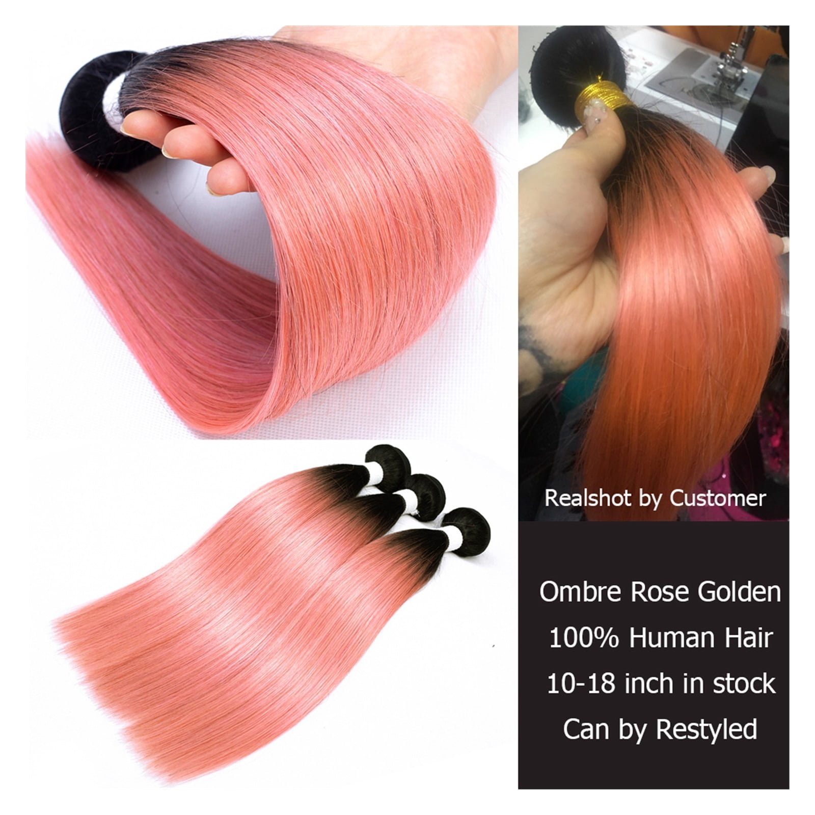 Straight Bundles with 4x4 Lace Closure Hot Pink Rose Golden Luxury Pre-Colored Remy Human Hair Extensions Hair