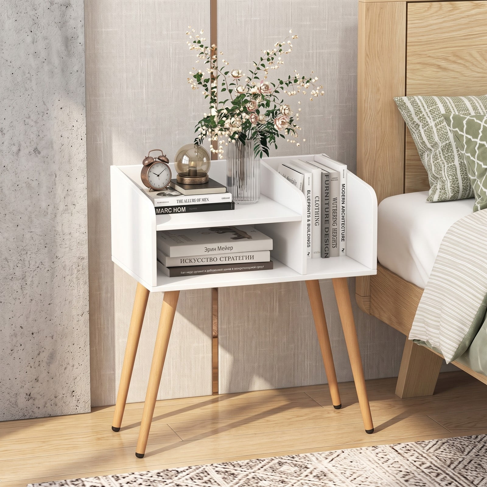 Furnibear Mid Century Modern Nightstand with Open Shelves and Wood Legs for Bedroom Living Room and Small Spaces as a Bedside End Table, White