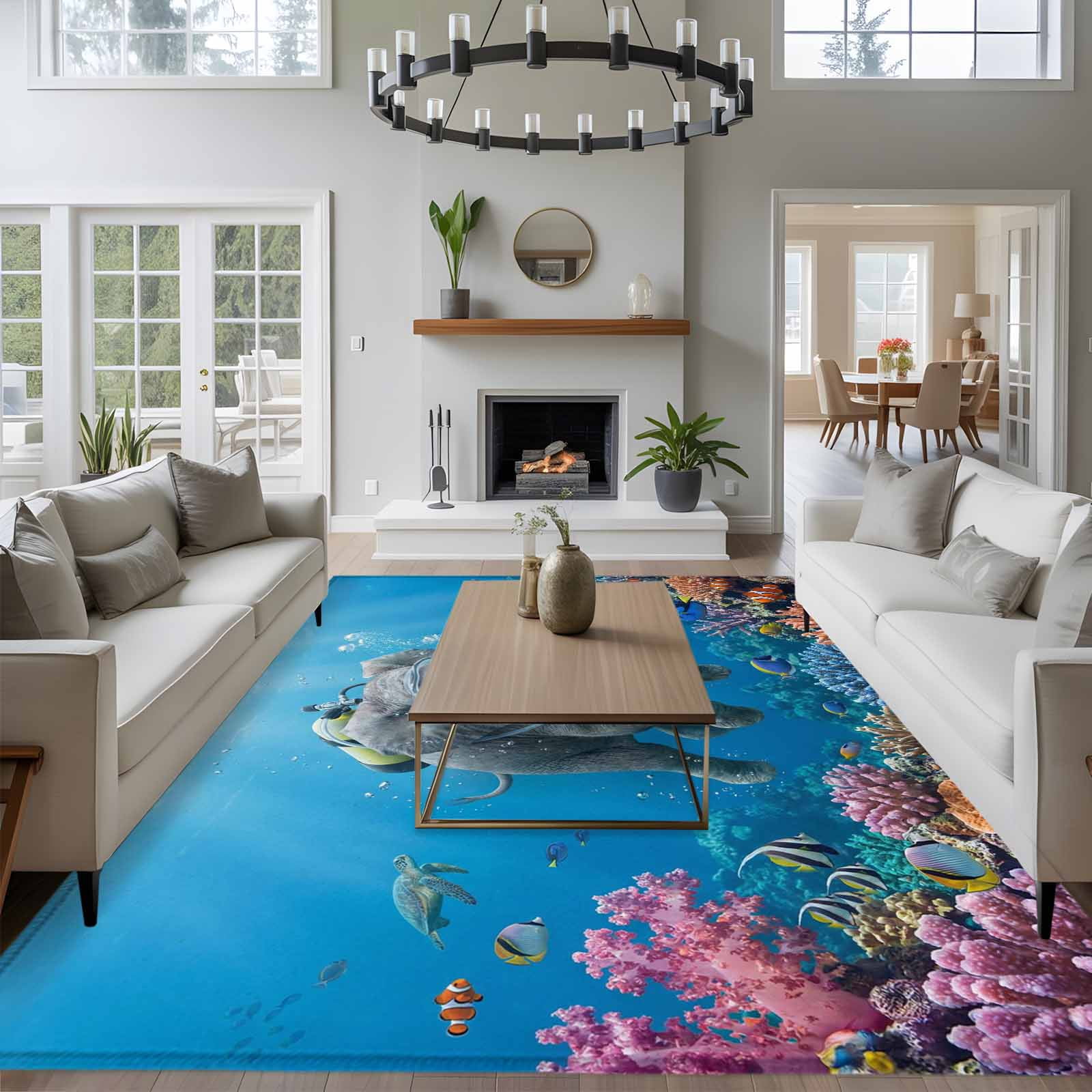 6x9 Area Rugs for Living Room, Ocean Diving Elephant Non Slip Area Rugs for Kitchen Bedroom Entryway, Blue Coastal Coral Fish Marine Life Washable Carpet Runner Rug Floor Mats for Bedroom Home Decor