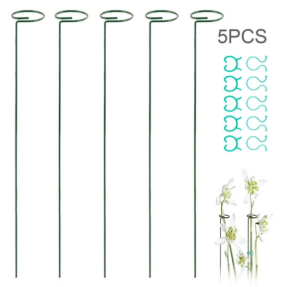 ODOMY 5Pack 45CM Plant Support Stakes, Garden Single Stem Support Stake Amaryllis Plant Cage Support Rings with 10 pcs Plant Clips