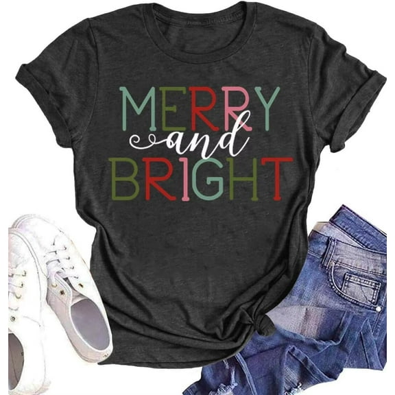 Womens Short Sleeve Merry Christmas T-Shirts Christmas Tree Bright Graphic Tee Tops (XL,Dark Grey)
