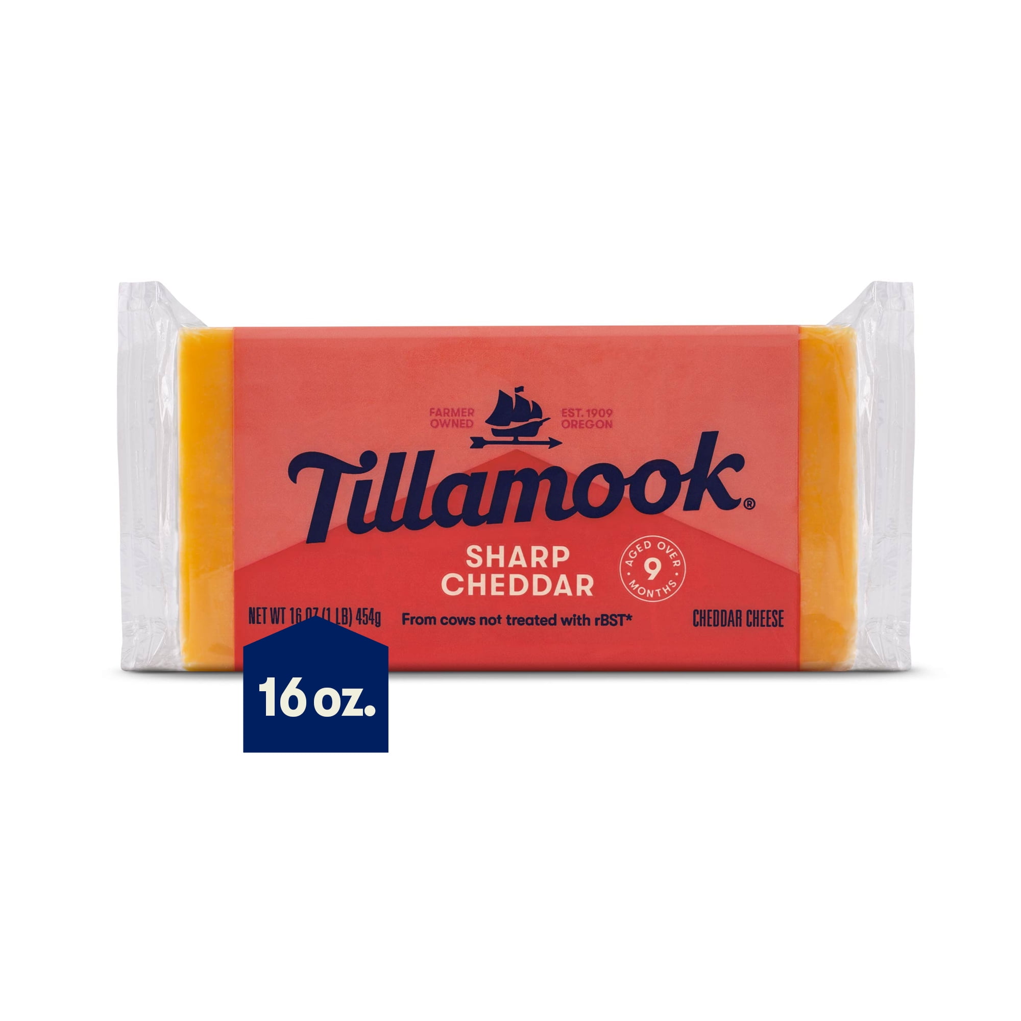 Tillamook Sharp Whole Cheddar Cheese Block, 1 lb (Aged 9 Months)