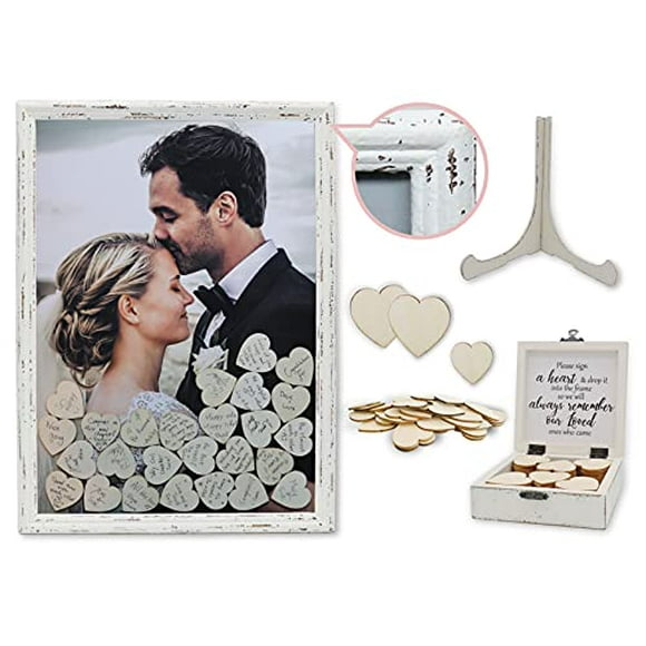 PMPX Wedding Guest Book Alternative Vintage Drop Top Frame with Stand, 80 Wood Hearts, Matching Box with Message Inside The Lid. Weddings, Bridal or Baby Shower, Anniversary, or Special Event.