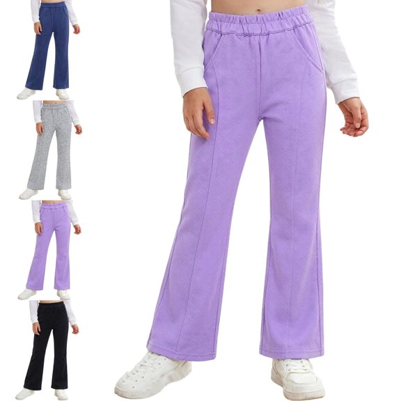 WAVSUF Girls Flare Pants Stretchy Side Pockets Elastic High Waist Fall Dance Casual Bottoms Purple 7-8