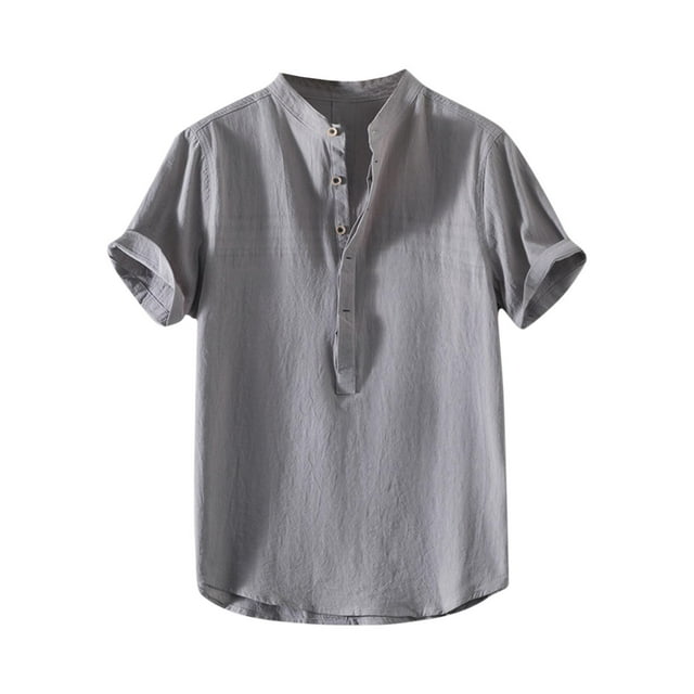 Camisetas de Manga Larga para Hombre Algodón Europa América Estilo Manga Corta Cuello Botón Blusa, Camisa de Poliéster Unisex