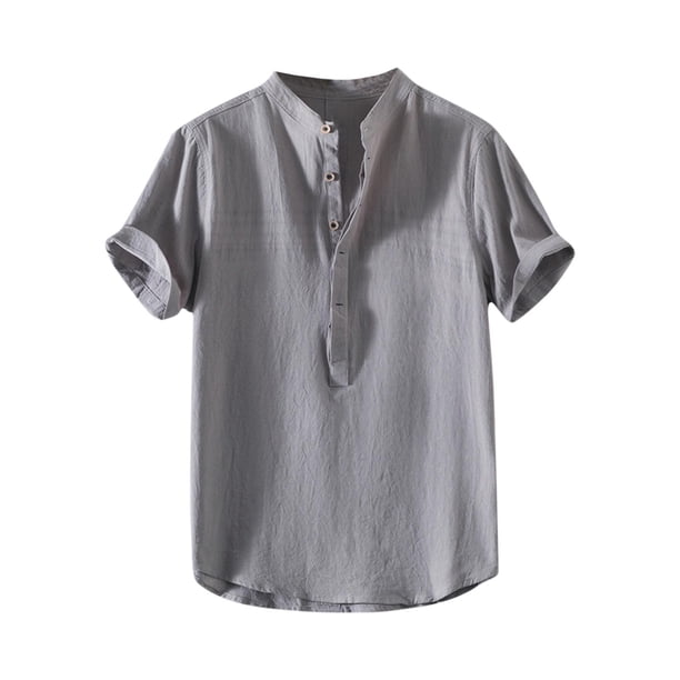 Camisetas de Manga Larga para Hombre Algodón Europa América Estilo Manga Corta Cuello Botón Blusa, Camisa de Poliéster Unisex