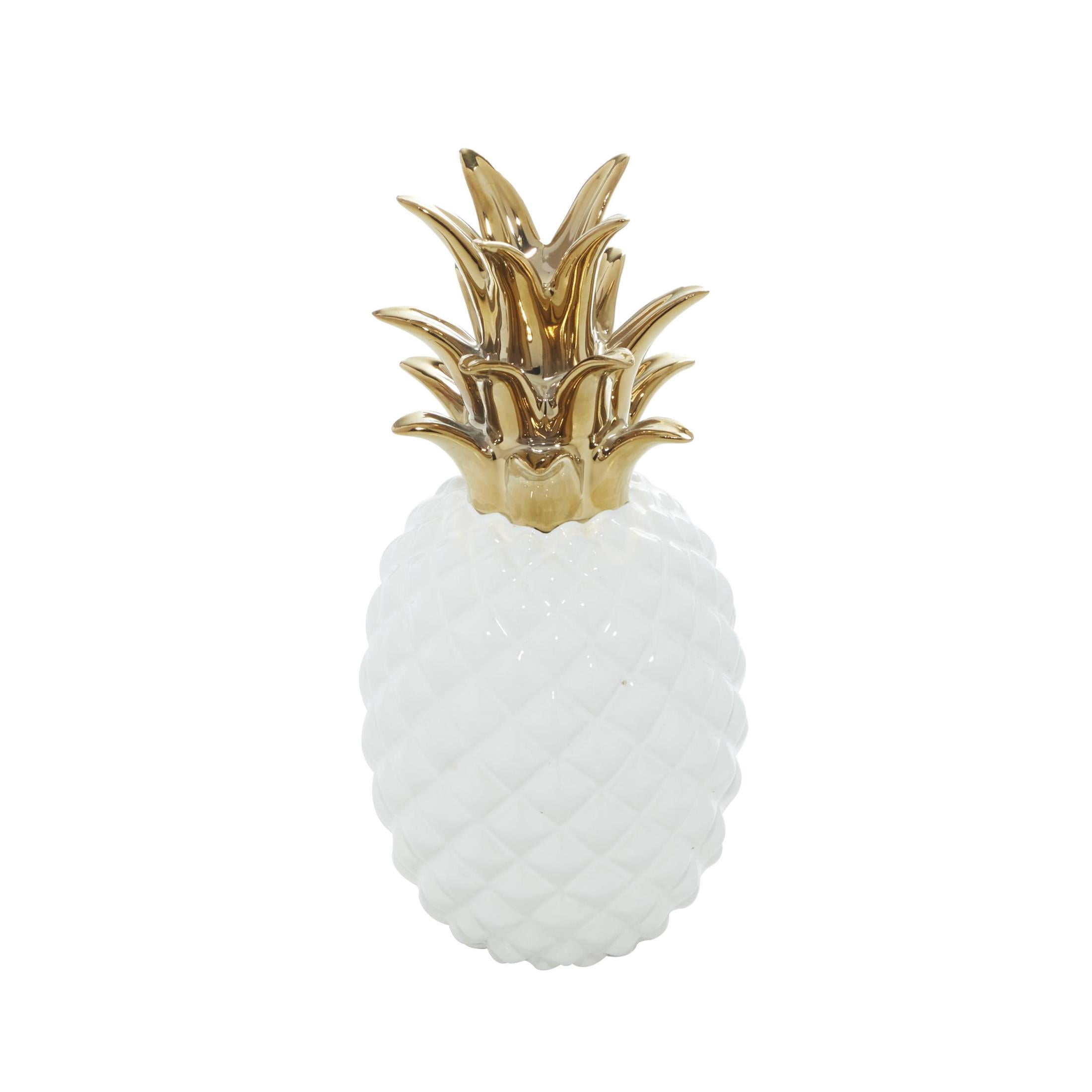4" x 10" White Porcelain Ceramic Faceted Pineapple Fruit Sculpture with Gold Leaves, by CosmoLiving by Cosmopolitan