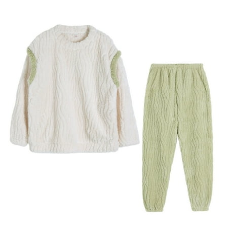 

Jalioing Fall Winter Pajamas Sets Women 2 Piece Sleepwear Suits Patchwork Top with Solid Color Padded Pant (Large Green)