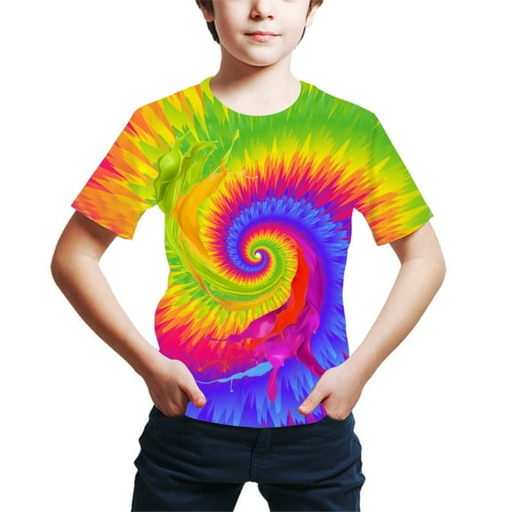 Elabch Kids T Shirt Teen Boys Short Sleeve Tshirt Fashion Digital Tie Dye Printing Tee Summer Crewneck Cotton Tops Size 4Y-16Y