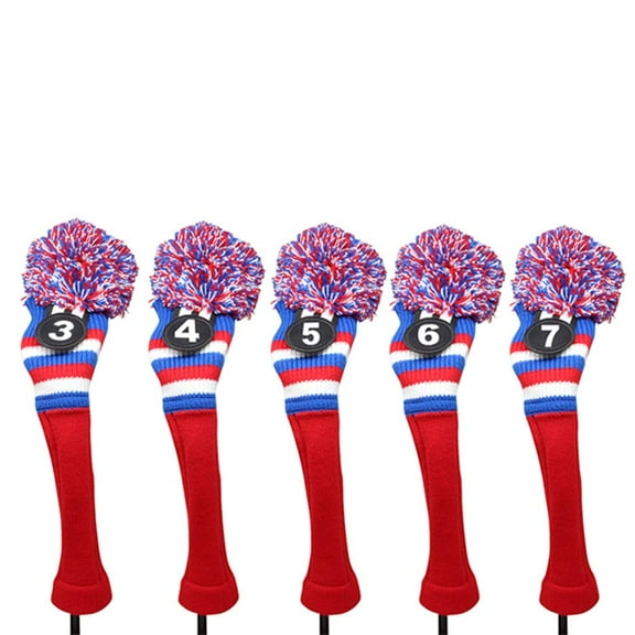 Majek Golf Red White Blue 3 4 5 6 7 Hybrid Set Headcovers Pom Pom Knit Limited Edition Vintage Classic Traditional Flag Retro Head Cover 3-7 Set