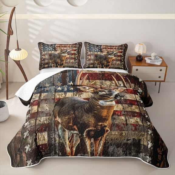 meiyoeat Vintage Flag Deer Bed Spread Queen, Rustic Hunting Print Queen Coverlet Set For Boys,3 Pieces