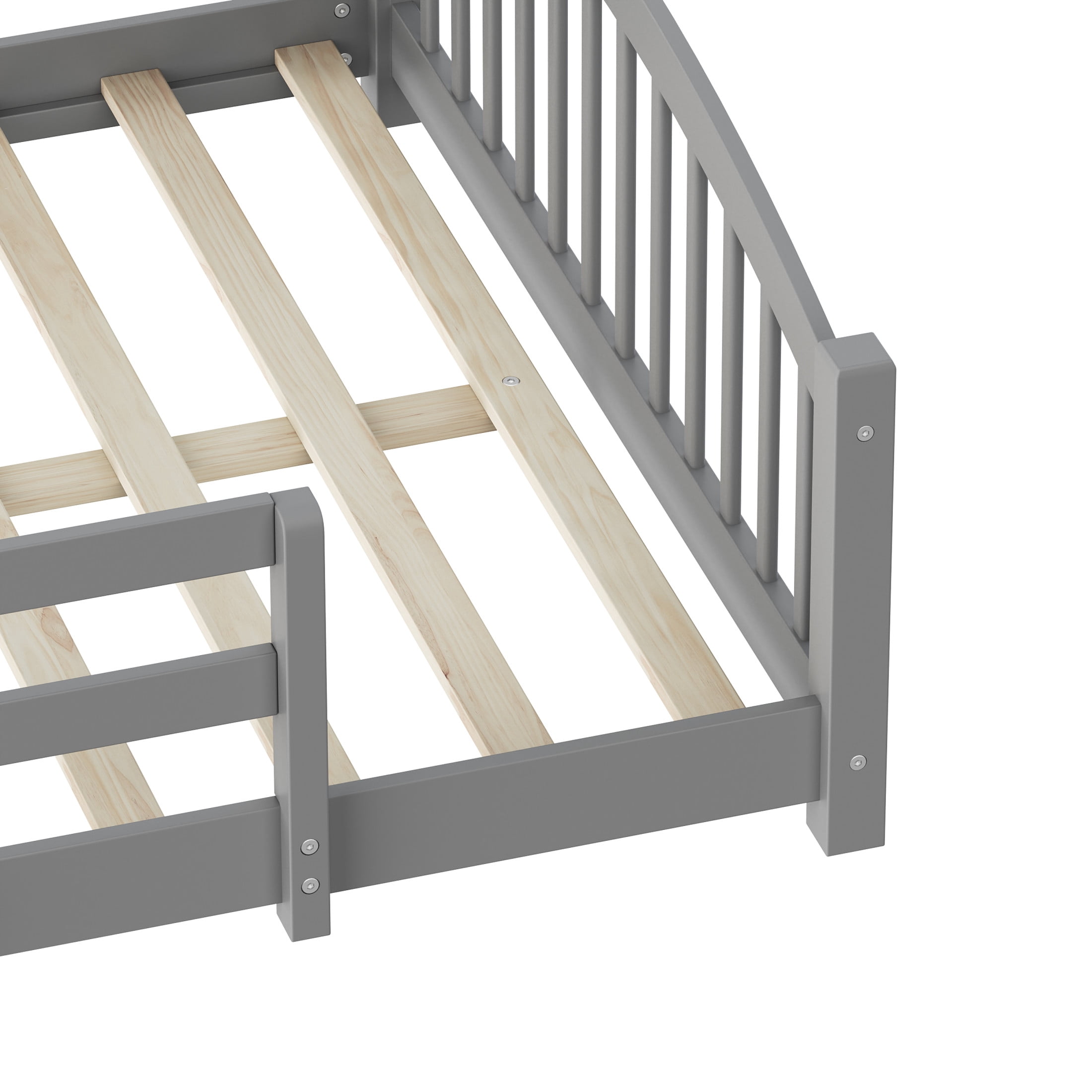 Noble House Full Floor Bed with Slats, Safety Guardrails, Solid Wood Frame, Gray
