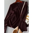 thumbnail image 2 of Niche Satin Design V-Neck Solid Color Puff Long-Sleeved Blouse, Burgundy, Large, 2 of 5