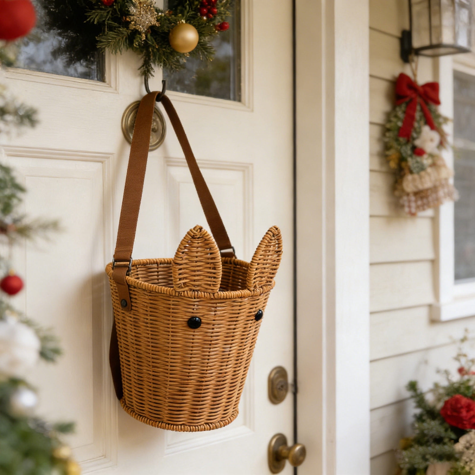Easter Bunny Storage Basket, Imitation Rattan Woven Basket with Handle - Rustic Harvest Style Decor for Toys, Flowers, Nursery & Home Organization, 8 Inch