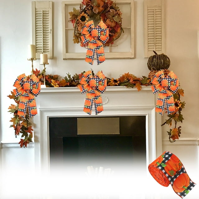 XYAIYT Thanksgiving Decorative Ribbon Christmas Decorations Holiday Table Ribbon with Maple Leaf Pumpkin Plaid Edge Fabric for Wreaths Gift Wrapping Home Party Decoration 2.5in Orange