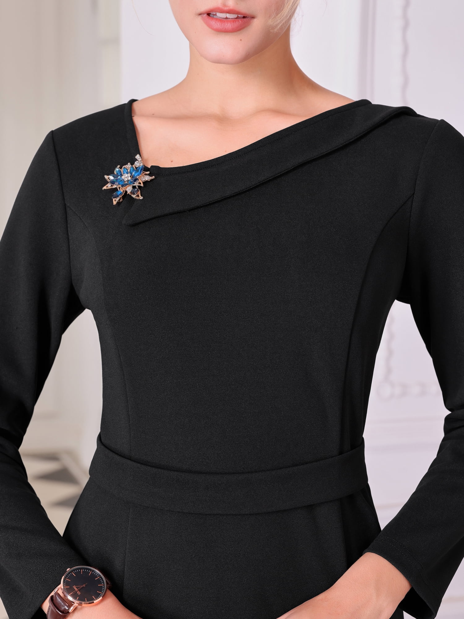 DARING DIVA Sheath Dress Asymmetrical Neckline Pencil Dress L Black