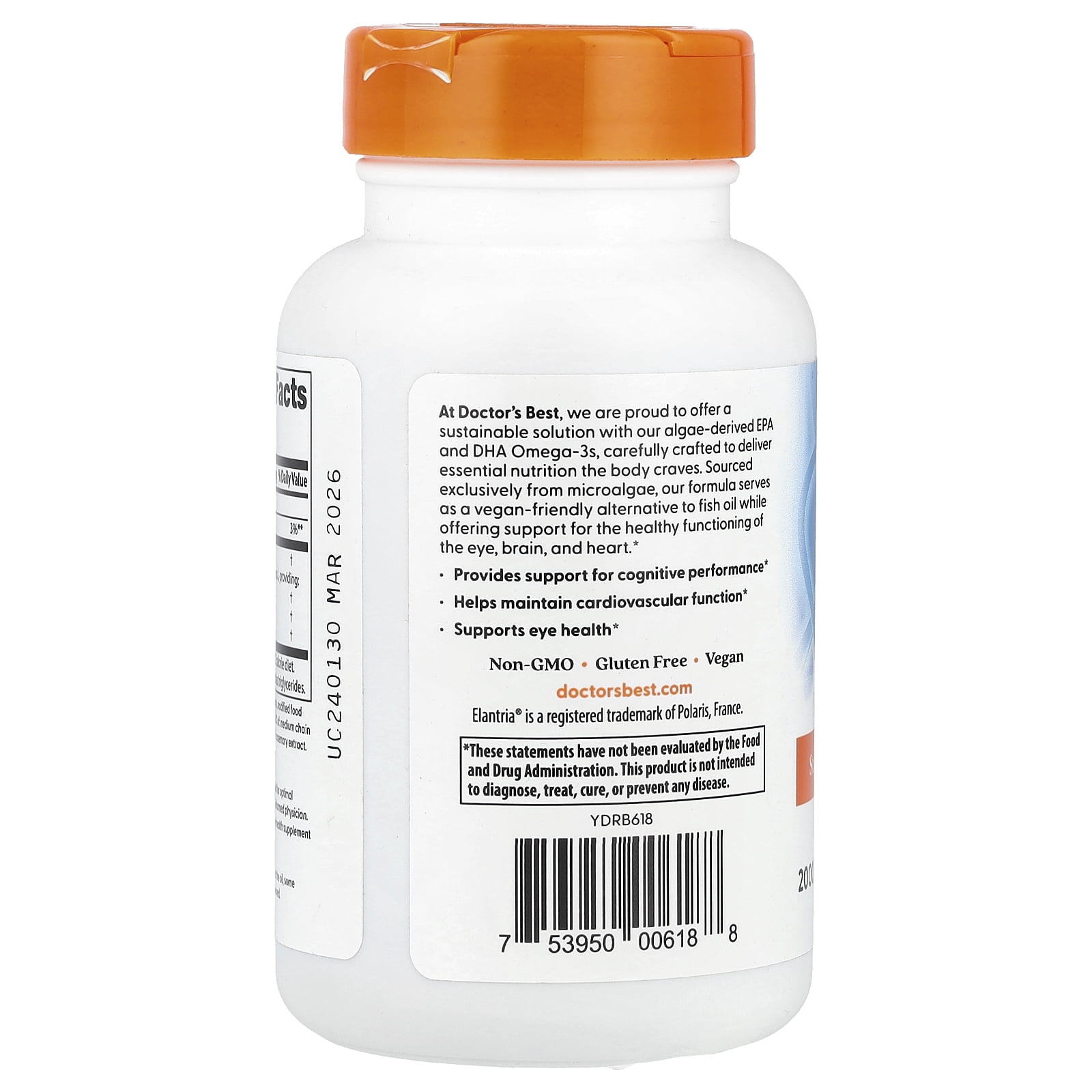 Doctor's Best Vegan Omega-3,  EPA+DHA, 60 Veggie Softgels (1,000 mg per Softgel)